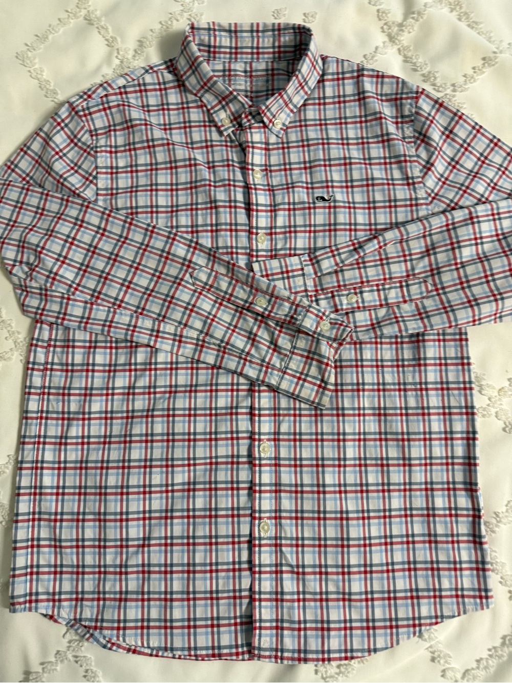 Vineyard Vines Boys Button-Down Plaid Shirt in Red, Blue & White